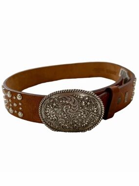 Ariat Western Studded Belt Size 26 XSmall Tan Leather Silver Floral Buckle EUC